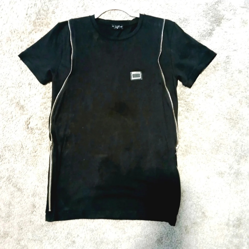 💚5/$25 LCR Black Edition Black Fitted Lux Crew Neck Shirt Zipper Accents Medium
